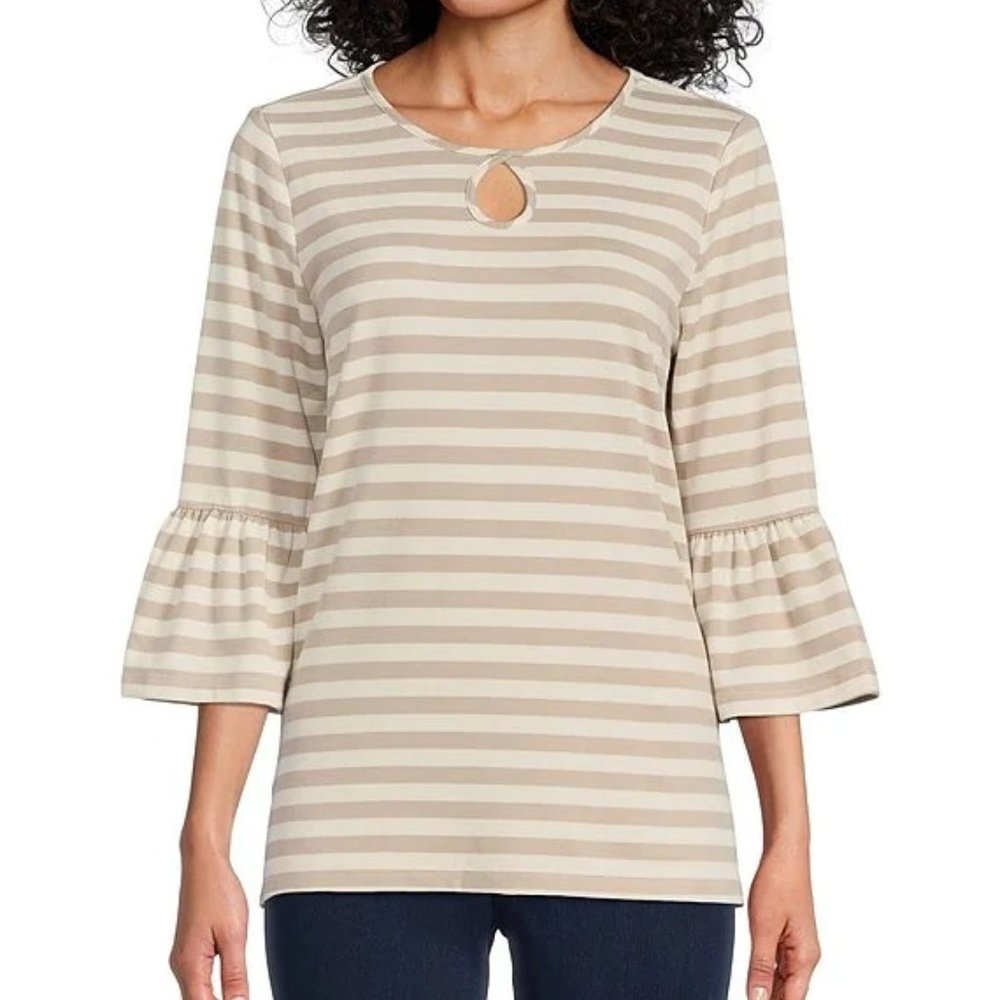 Allison Daley Petite Size Striped Print 3/4 Bell Sleeve Keyhole Neck Top NWT